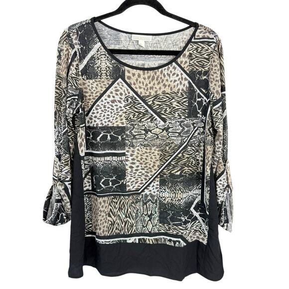 Dana Buchman Animal Pattern Roll tab Sleeve Knit Top Gray Size Large NWT - Picture 1 of 13